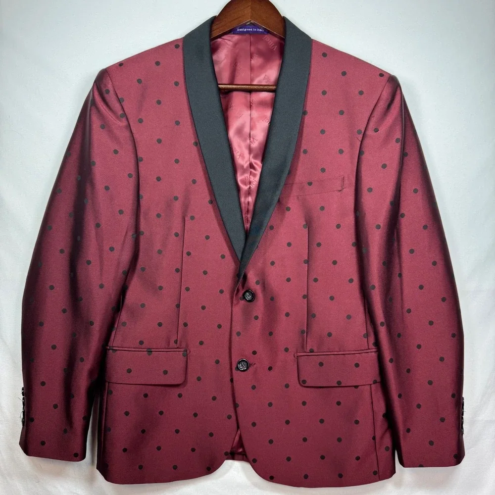 Vinci Mens Burgundy Polka Dot Blazer‎ Jacket Designed in Italy Size 38S